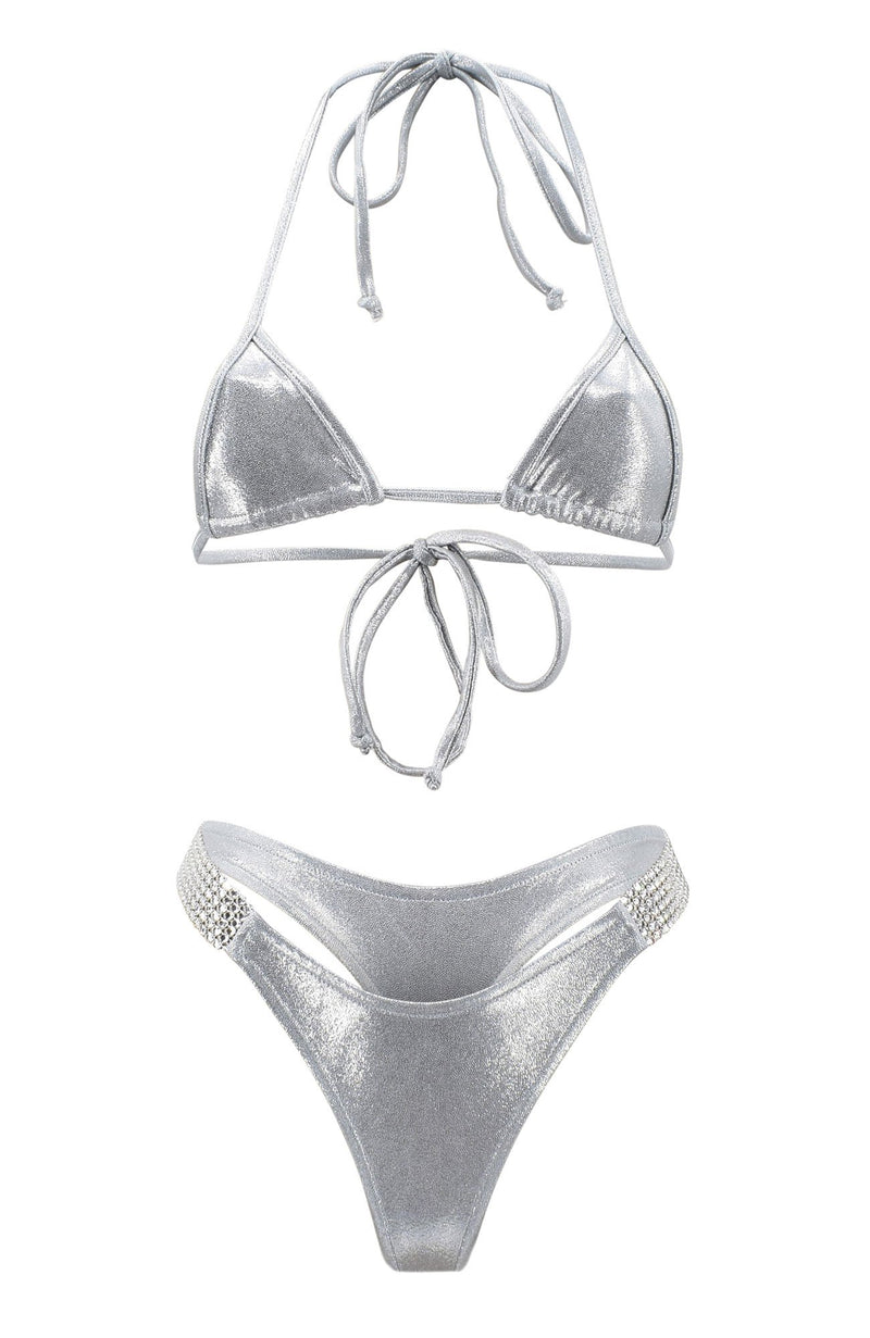Drippin Daisy in Metallic Silver / Thong Bikini Set-Sets-Breezy Rack