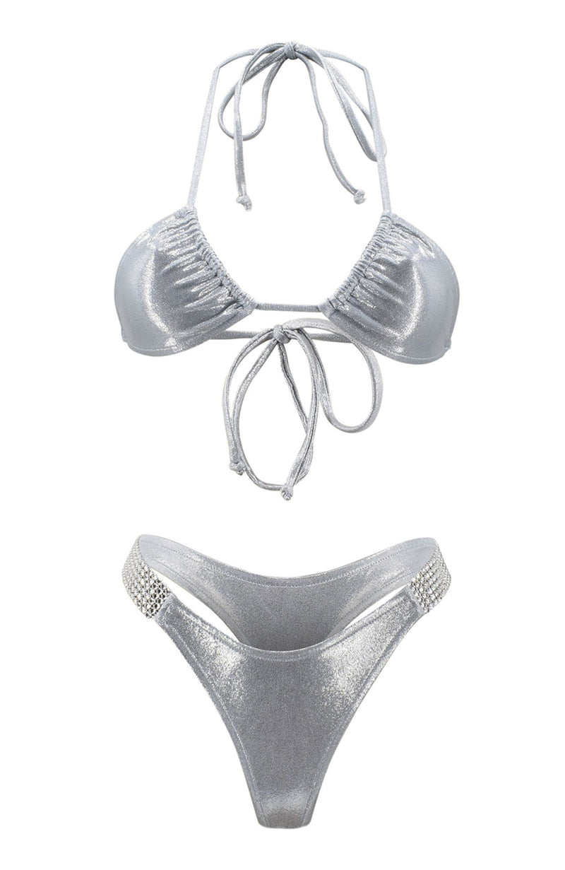 Drippin Daisy in Metallic Silver / Thong Bikini Set-Sets-Breezy Rack