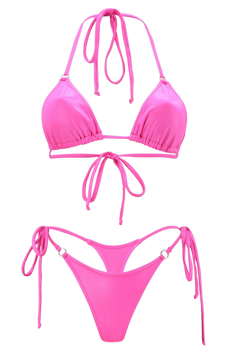 Joy in Wet Look Fuchsia / Thong Bikini Set-Sets-Breezy Rack