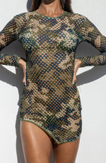 The Tease in Camouflage / Fishnet Crew Neck Cover-up Dress-Cover Ups-Breezy Rack