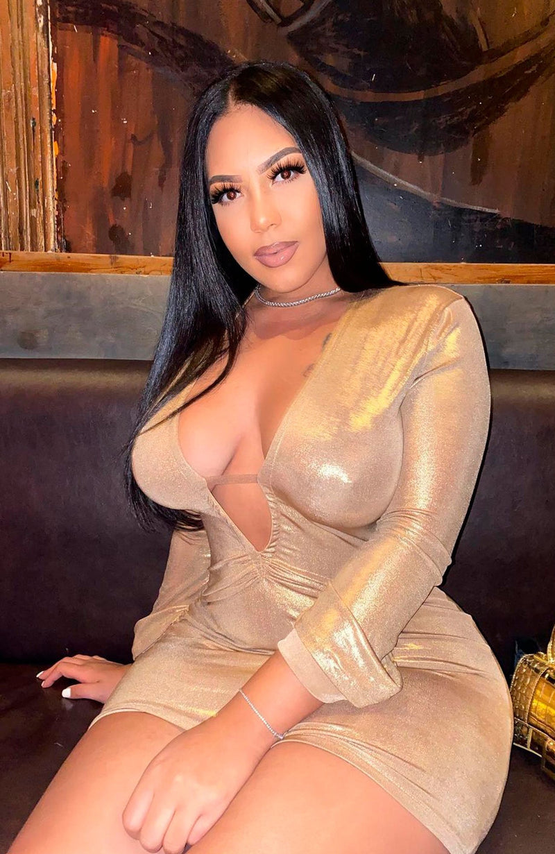 Yazmi in Gold / Deep V Dress-Dresses-Breezy Rack